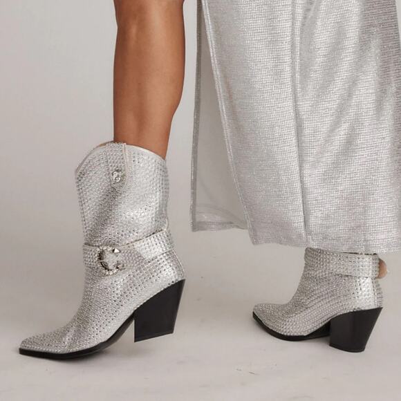 Azalea Wang Federica Silver Crystal Shortie Western Cowgirl Boots Rhinestone 6.5 - Picture 6 of 14